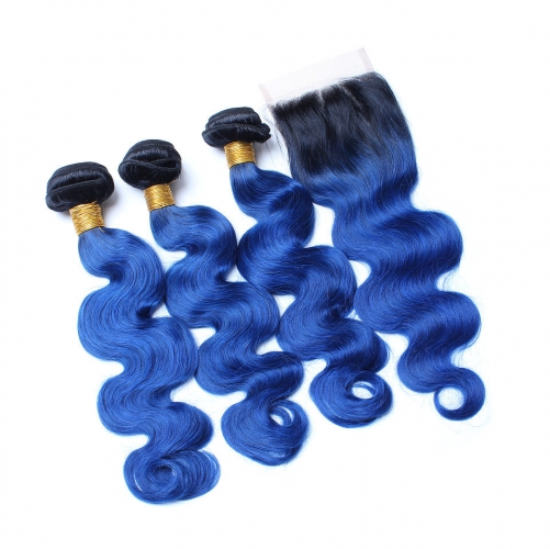 Spicyhair dark root blue color 3 bodywave Bundles with 1 piece 4×4 lace closure