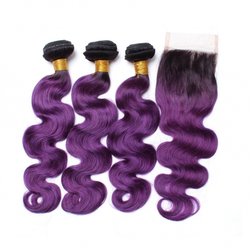 Spicyhair dark root purple color 3 bodywave Bundles with 1 piece 4×4 lace closure