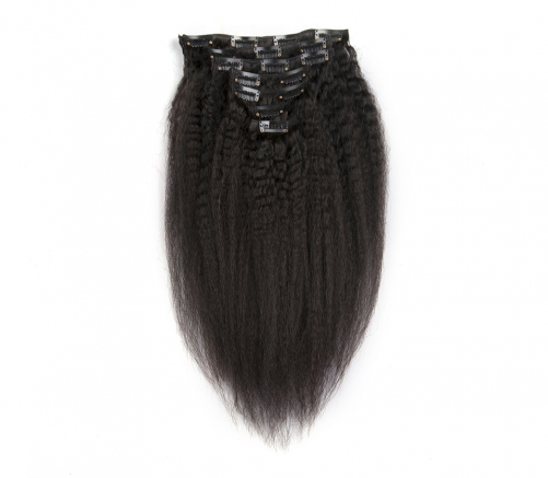 100%  No Tangle Virgin human kinkystraight clip-in hair extensions.