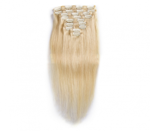 100%  Good looking #613 blonde human straight clip-in hair extensions.