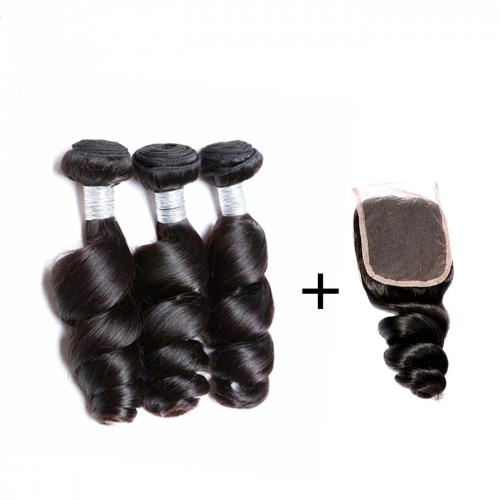 Spicyhair 100% human hair 3 loosewave Bundles with 1 piece 4×4 lace closure