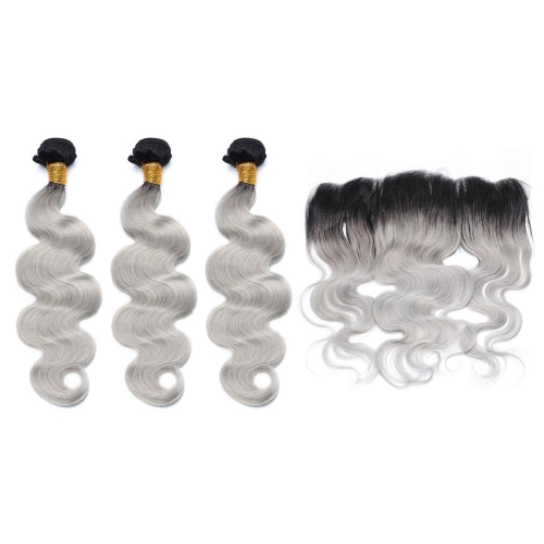Spicyhair 12A 100% human hair Natural Looking dark root grey color hair 3 Body Wave Bundles with 1 piece 13×4 lace frontal