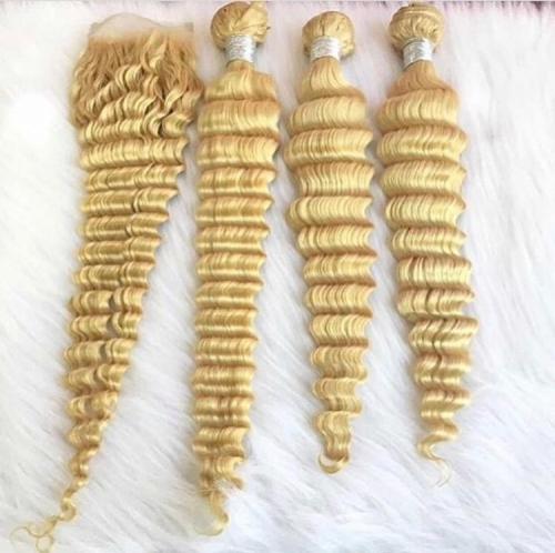 Spicyhair Best Quality 12A#613 blonde color 3 Deep Wave Bundles with 1 piece 4×4 lace closure with good price
