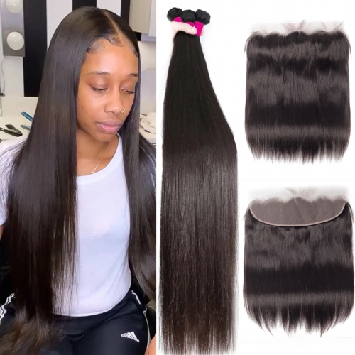 Spicyhair Top Quality 100% Human Hair  3 Straight  Bundles with 1 piece 13×4 lace frontal