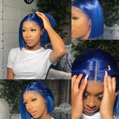 Spicyhair 100% human hair 180% density Best Quality blunt cut bob wig Blue Straight bob lace front wig