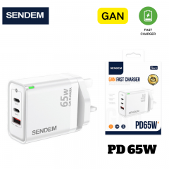 شاحن جداري شركة سينديم بقوة 65 واط بمنفذين تايب سي ومنفذ يو اس بي