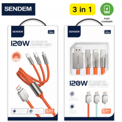 سلك شاحن سيليكون مقاومة عالية من شركة سينديم يواس بي الى ثلاث منافذ بقوة 120 واط