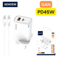 شاحن جداري شركة سينديم بقوة 45 واط بمنفذين تايب سي و يو اس بي