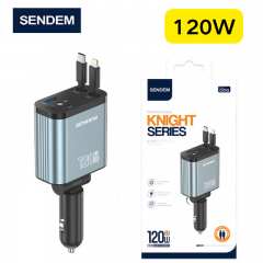شاحن سيارة شركة سينديم بقوة 120 واط بمنفذين يو اس بي و تايب سي مع كيبلين تايب سي ولايتننق
