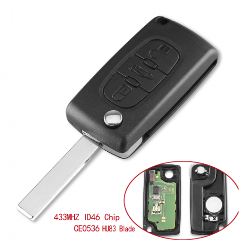 3 Buttons Car Keyless Entry Case Flip Folding Remote Key 433MHz with ID46 Chip HU83 Blade for Peugeot 207 307 308 407 607