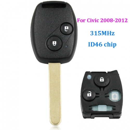 Remote Key Fob 2 Button 315MHz for Honda 2008-2012 Civic ID46 Chip Ignition Key With Logo