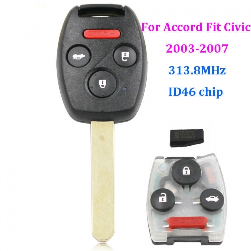 Remote Key Fob 4 Button 313.8Mhz ID46 Chip for Honda Accord Fit Civic 2003-2007