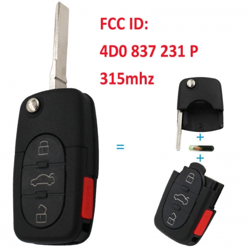 3+1 BTN Flip Remote Key Fob for Audi A4 A6 A8 S4 S6 S4/TT : 4D0 837 231 P 315mhz