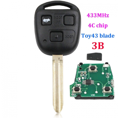 3 Buttons Smart Remote Head Key fob for Toyota 433MHZ with 4C Chip ID4C chip