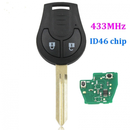 Remote Key Fob 2 Button for NISSAN 433MHz With ID46 Chip with Uncut blade