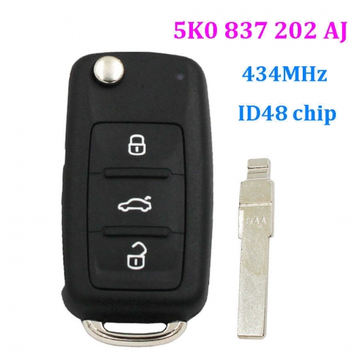 Folding Flip Remote Key fob 3 Button 434MHZ For VW 5K0 837 202 AJ With ID48 chip