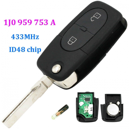 NEW UNCUT FLIP KEY REMOTE FOB TRANSMITTER FOR VW WITH CHIP ID48 : 1J0 959 753 A