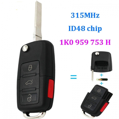 Remote key fob 3+1 Button 315Mhz for VW Volkswagen 1K0 959 753 H with ID48 chip