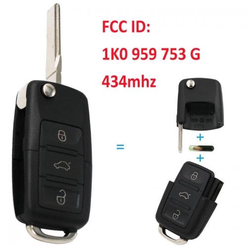 For VW SEAT 434Mhz 3 Button folding key transmission unit NEW KEY 1K0 959 753 G