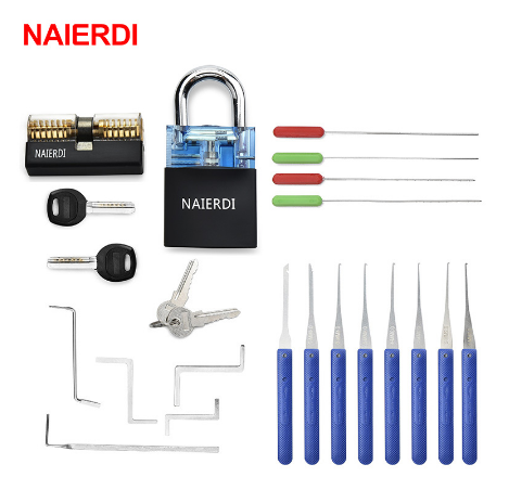 NAIERDI Locksmith Supplies Hand Tools with Practice Lock Pick Set Tension Wrench Broken Key Tool Combination Padlock Hardware