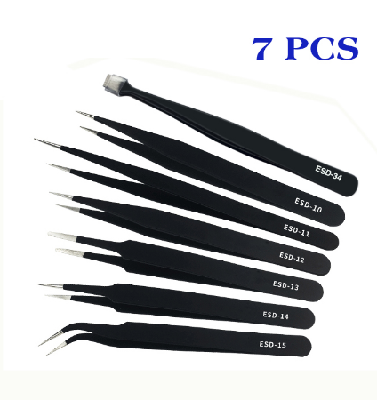 Stainless Anti-Static Pointed And Curved ESD Safety Tweezer (Black) 7 Pieces Set Both For Eyebrow Hair, Facial Hair Remo