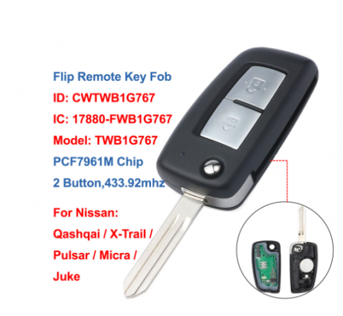 2 Buttons Flip Car Remote Key Fob 433.92MHz PCF7961M Chip for Nissan Qashqai,X-Trail,Pu-lsar,Micra,Juke, CWTWB1G767