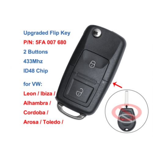 Upgraded Flip Remote Key 433MHz ID48 Chip for VW Toledo Leon Ibiza Cordoba Arosa Alhambra P/N: 5FA 007 680, 5FA007680