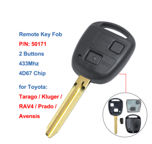Remote Key FOB 2 Button 433MHz 4D67 Chip For Toyota Prado Avensis Tarago 120 RAV4 Kluger 2003-2009 Uncut Blade TOY43
