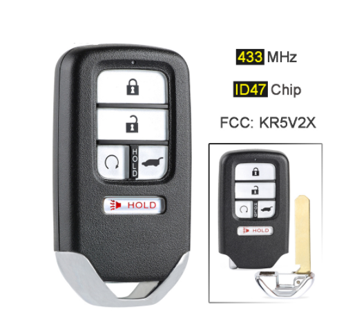 433MHz ID47 Chip FCC: KR5V2X Replacement 4+1 5 Button Smart Remote Key Fob for Honda Piot CR-V Civic 2016 2017 2018 2019