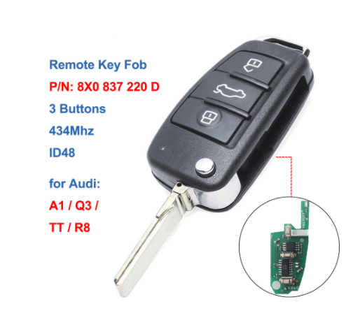 Upgraded Flip Remote Car Key 434MHz ID48 Fob for Audi A1 TT R8 2009-2010 / Q3 2011-2017 P/N: 8X0 837 220 D, 8X0837220D