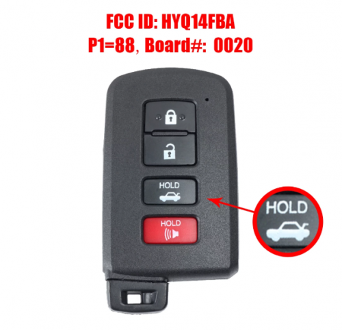 Smart Remote Car Key Fob 4 Buttons for Toyota Avalon Camry Hybrid Corolla LE SE XSE XLE FCC ID: HYQ14FBA, Board#: 0020