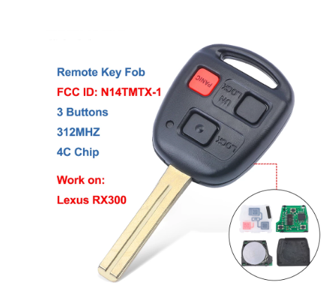 Car Remote Key Fob 3 Buttons 312MHz with 4C Chip for Lexus RX300 1999 2000 2001 2002 2003, FCC ID: N14TMTX-1