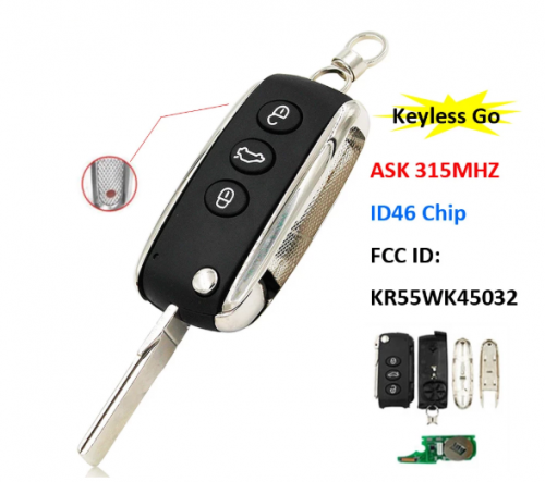 3+1/4 Button Keyless Go Smart Remote Key ASK 315Mhz ID46 Chip for Bentley Continental GT GTC Flying Spur FCC ID: KR55WK45032