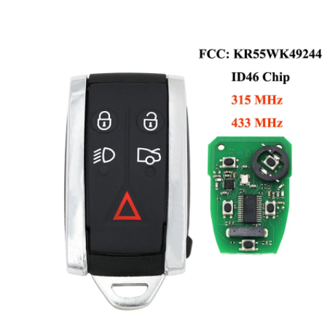 5 Button Remote Key Fob Keyless Entry FSK315MHz 433.93MHz PCF7953A for JAGUAR XF XFR XK XKR 2009-2013 KR55WK45694,KR55WK49244