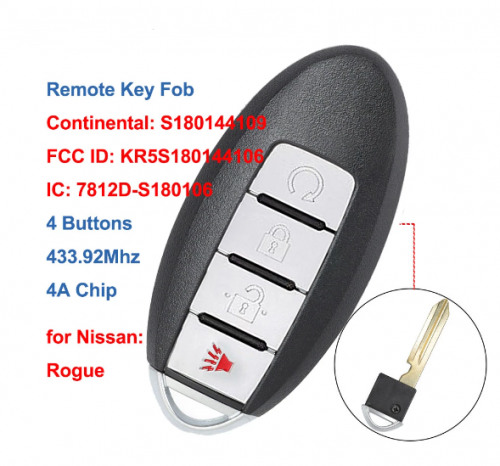 S180144109 Remote Car Key Fob 4 Buttons 433.92Mhz 4A for Nissan Rogue 2017 2018 FCC ID: KR5S180144106, IC: 7812D-S180106