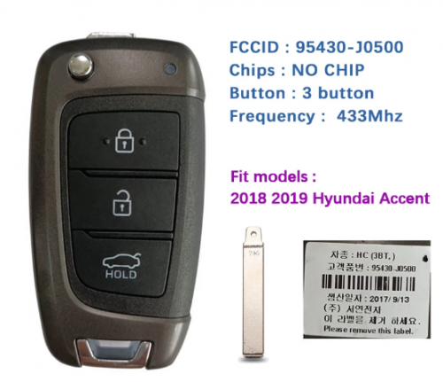 Original Smart Remote Key Fob For Hyundai Accent 2018 2019 Flip Key 433MHz FCCID 95430-J0500 95430-H5000 95430-H6000 With Logo