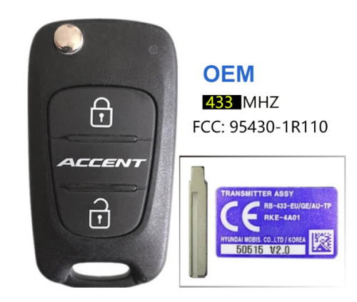 Original Replacement Folding Flip Key Fob For Hyundai Accnet 2010-2013 Remote Control Car Key 433Mhz FCCID 95430-1R110 With Logo