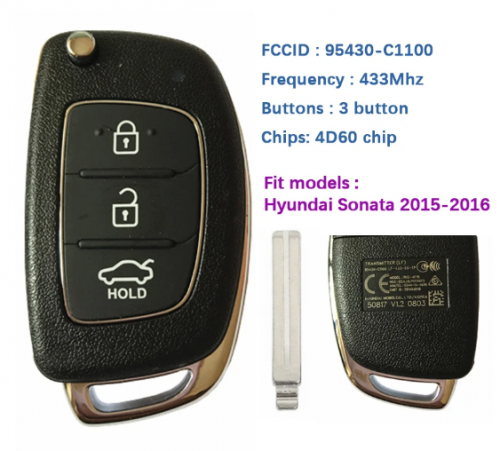 3 Button Genuine Flip Remote Key 2015 433MHz 4D Transponder 95430-C1100 for Hyundai Sonata 4D60 Chip 95430-C1100 LE-433-EU-TP With Logo