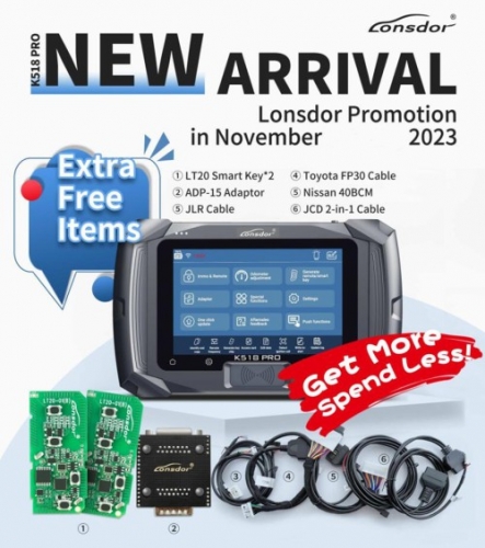 2023 Lonsdor K518 PRO Full Version All In One Key Programmer with 2pcs LT20, Toyota FP30 Cable, Nissan 40 BCM Cable, JCD, JLR and ADP Adapter