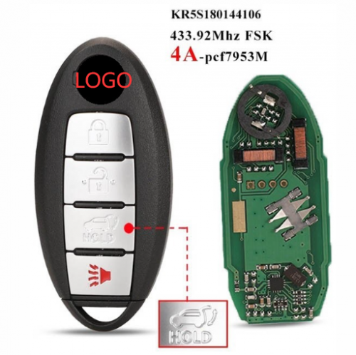 S180144106 Smart Car Remote Key Fob 4 Button 433.92Mhz 4A Chip for Nissan Rogue 2014-2018 SUV ModelKR5S180144106 Keyless Go With Logo
