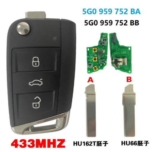 3 Button Flip Remote Key 433MHZ For VW Volkswagen Golf Touran POLO ETC3 flip key With Megamos 88 Chip 5G0959752BA / 5G0959752BB With Logo