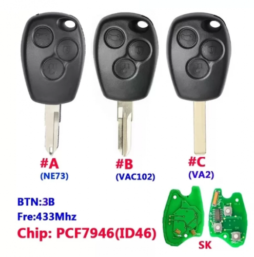 3 Button Remote Control Key With 433MHz PCF7946 For Renault /Kangoo II /Clio III  No Logo