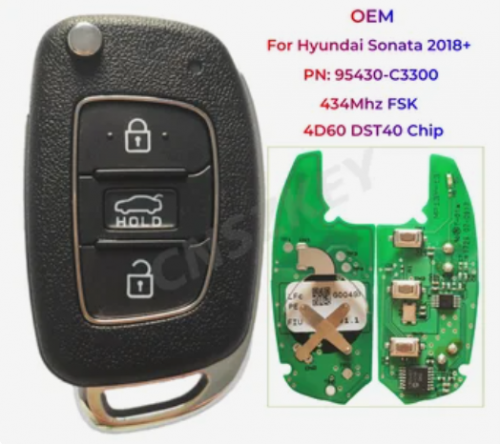 PN: 95430-C3300(+TP) OEM Flip Remote Key 434Mhz FSK 4D60 DST40 Chip For Hyundai Sonata 2018+ With Logo With Blade With Logo