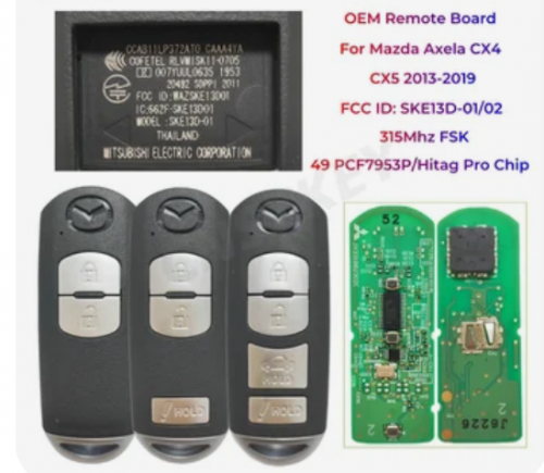 OEM Board 315Mhz FSK ID49 HITAG PRO Chip SKE13D-01 SKE13D-02 Smart Remote Key Fob For Mazda Axela CX4 CX5 2013-2019 With Logo