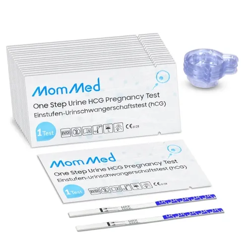 HCG25 MomMed pregnancy test,  fast and accurate results, early pregnancy tests, home tests for women, 25 Hcg pregnancy test strips, and 25 free urine 