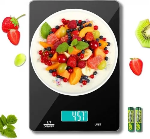 MomMed kitchen scale, 15 kg food scale, food scale with 6 conversion units, LCD display, easy-to-clean glass platform, 2 AAA batteries included