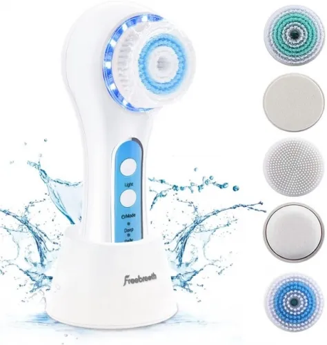 FreeBreath face brush, IPX7 waterproof face brush with 3 speed modes, 5 brush heads for cleaning and exfoliation, Bl
