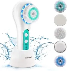 FreeBreath Facial Cleansing Brush, IPX7 Waterproof Face Scrubber with 3 Speed Modes, Face Brushes for Cleansing and Exfoliating with 5 Brush Heads, Gr