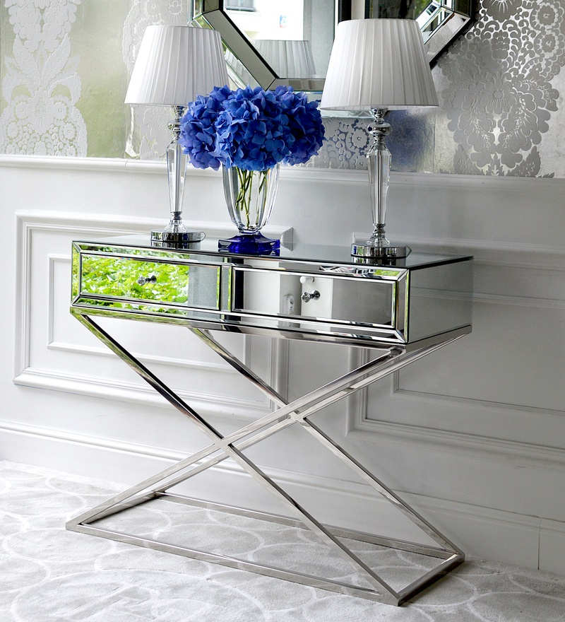 Modern Mirrored Console Table Mirror Top With Stainless Steel Leg