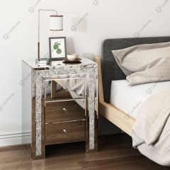 Mirrored Bedroom Furniture Drawer Flocting Crystal Bedside Table Nightstand